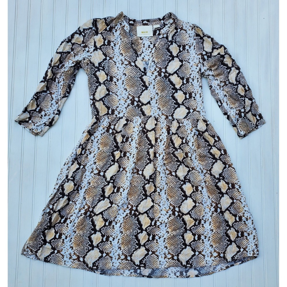 Maeve Anthropologie Snakeskin Print Mini Dress Brown Tan XS 3/4 Sleeve Animal